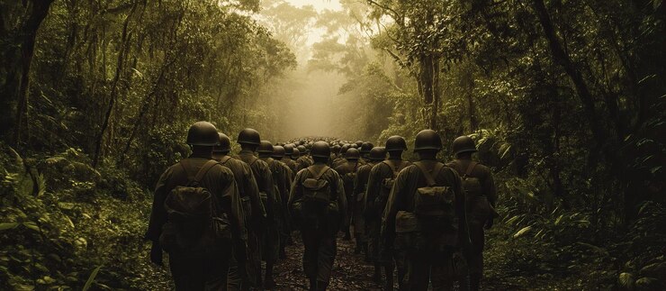 PSD soldados marchando a través de una jungla