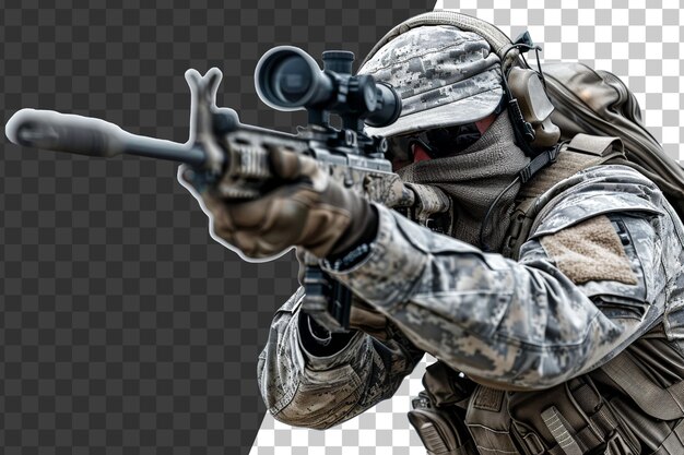 PSD soldat camouflé visant avec précision et se concentrer sur le fond transparent stock png