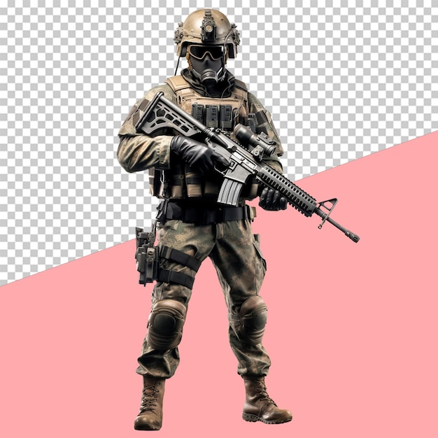 PSD soldat avec casque tenant un fusil objet isolé fond transparent