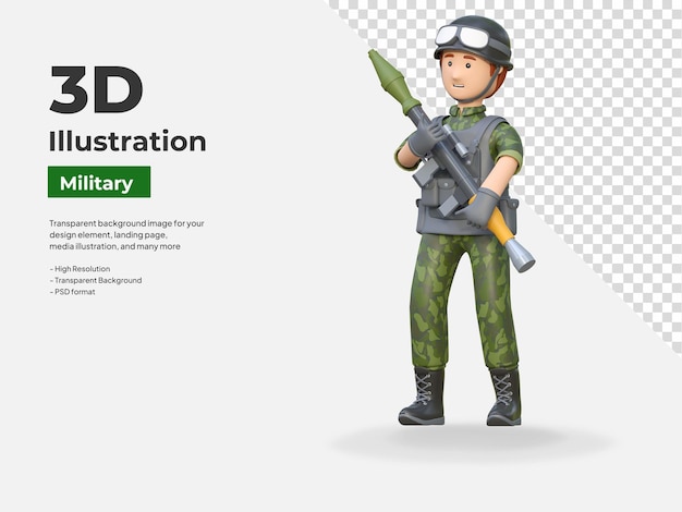 Soldat hält einen raketenwerfer rpg-gun 3d-cartoon-illustration