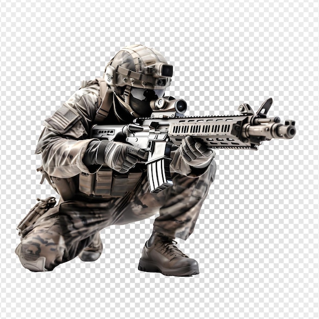 Soldat zielt mit Gewehr auf Ziele. Soldaten posieren halb liegend und verfolgen das Ziel png generative KI