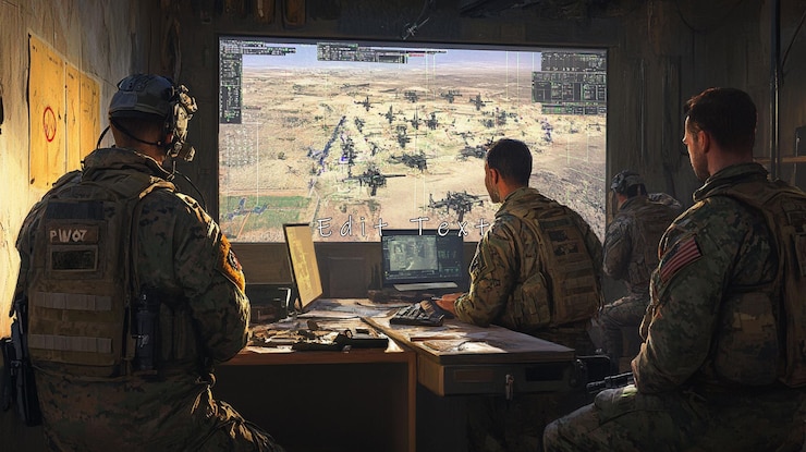 PSD soldiers monitoring a tactical map on large screen inside a military command center
