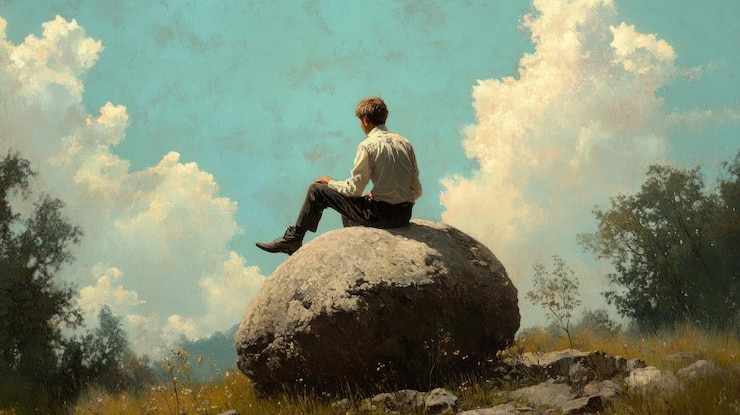 PSD solitudes embrace a man contemplates life atop a majestic boulder under a vast sky