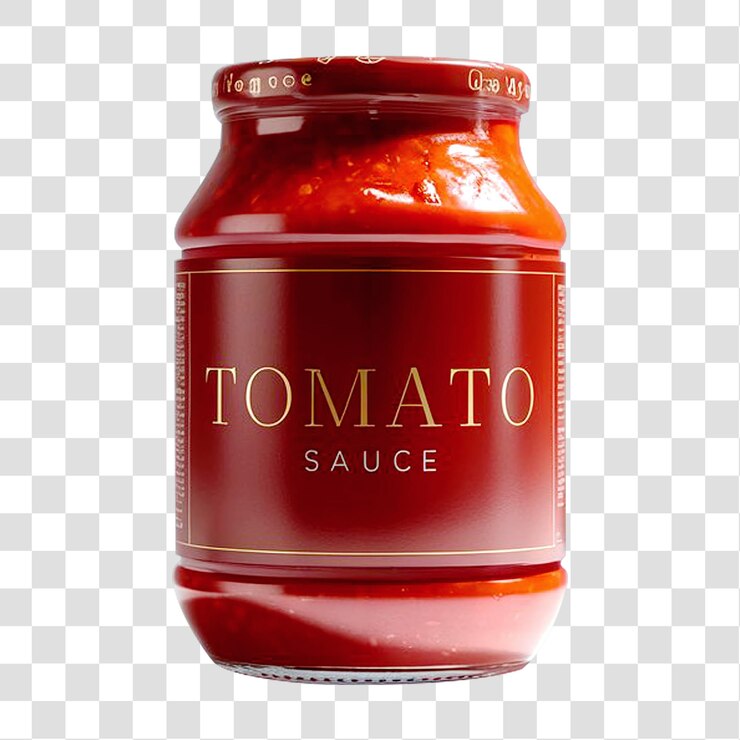 Un solo frasco de salsa de tomate aislado sobre un fondo transparente