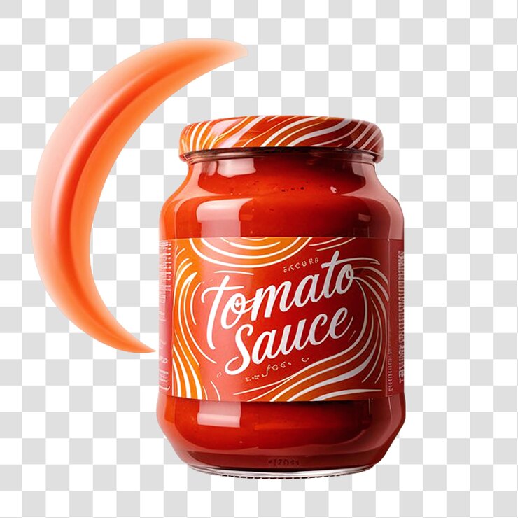 Un solo frasco de salsa de tomate con diseños giratorios aislados en un fondo transparente