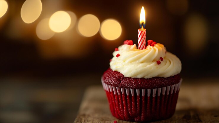 PSD un solo pastel de terciopelo rojo con glaseado de queso crema, vela encendida y salpicaduras en fondo bokeh de superficie de madera