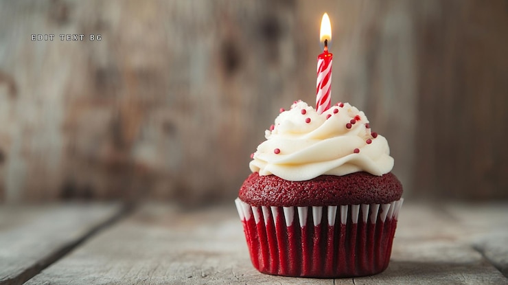 PSD un solo pastel de terciopelo rojo con vela encendida en madera rústica