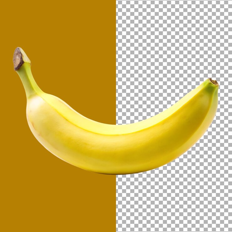 Un solo plátano maduro con un color amarillo vibrante y un tallo marrón