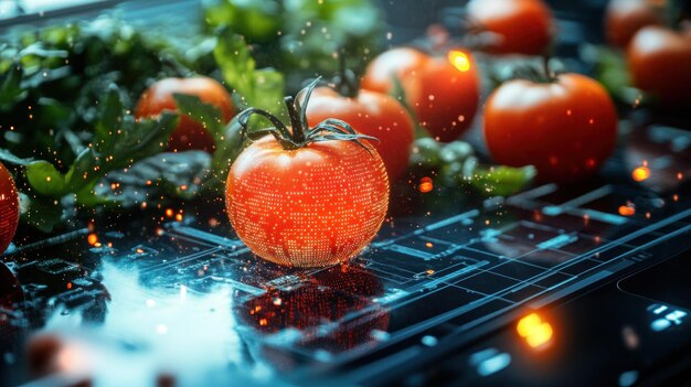 Un solo tomate se sienta en una superficie negra con otros tomates y albahaca en el fondo