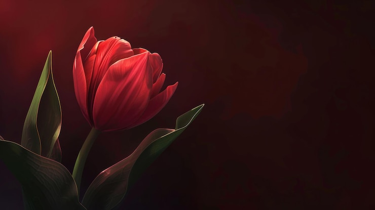 PSD un solo tulipán rojo con hojas verdes contra un fondo oscuro