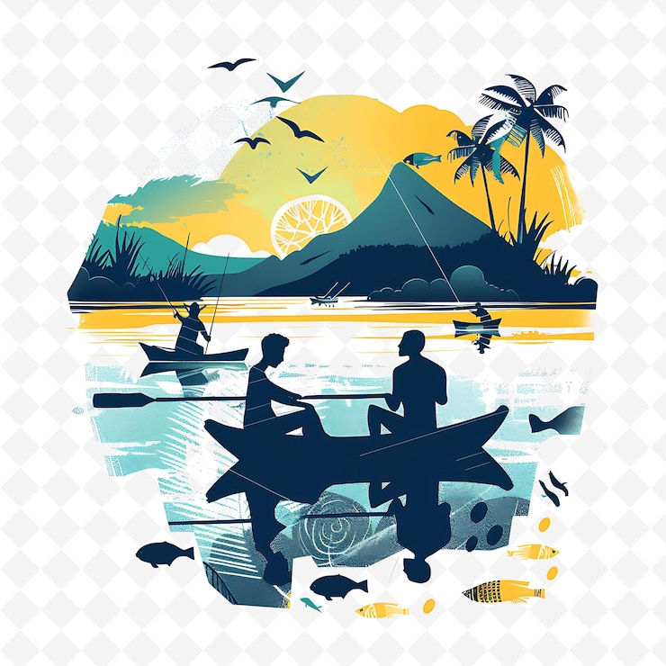PSD solomon islanders fishing in the sea design is oceanic and n illustration cutural landscape view