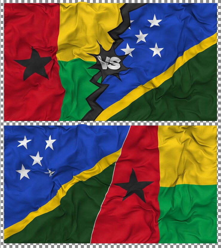 PSD solomon islands vs guinea bissau half combined flag cloth bump texture 3d rendering