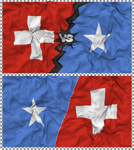 Somalia gegen Schweiz Halbkombinierte Flagge Stoff-Bump-Textur 3D-Rendering