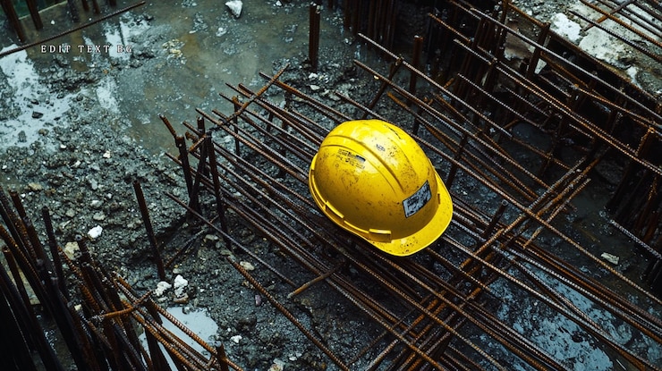 PSD el sombrero amarillo se apoya en una barra de refuerzo oxidada en un sitio de construcción