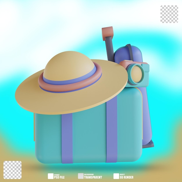 Sombrero de cámara de ilustración 3D y maleta 3