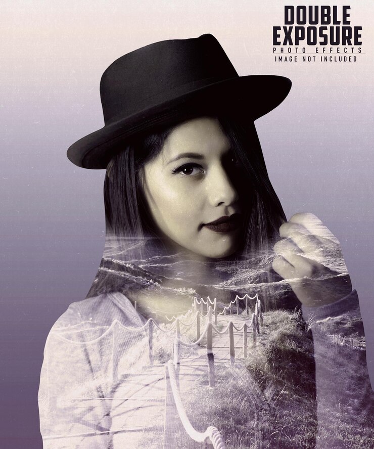 PSD sombrero de chica en la cabeza efecto foto de doble exposición