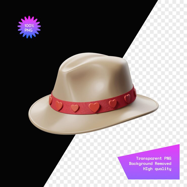 PSD sombrero fedora beige adornado con una cinta roja y el fondo de acentos de corazón eliminado