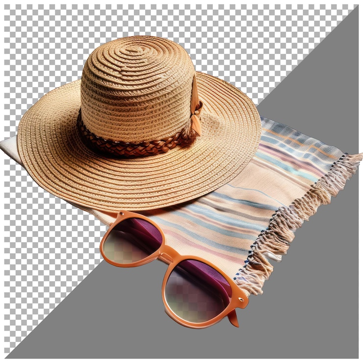 PSD sombrero y gafas en una tela de playa de fondo transparente