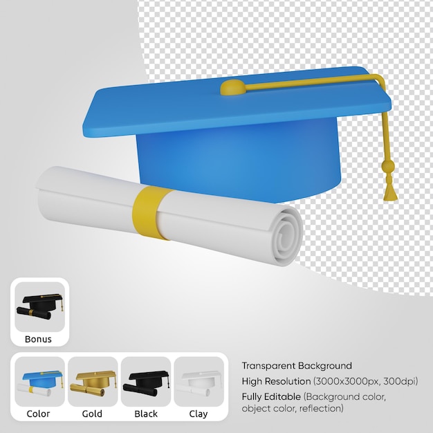 PSD sombrero de graduación 3d con diploma