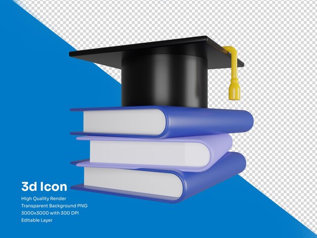 PSD sombrero de graduación y libros 3d render ilustración