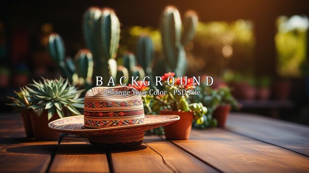 Sombrero mexicano y cactus en una mesa de madera en el jardín