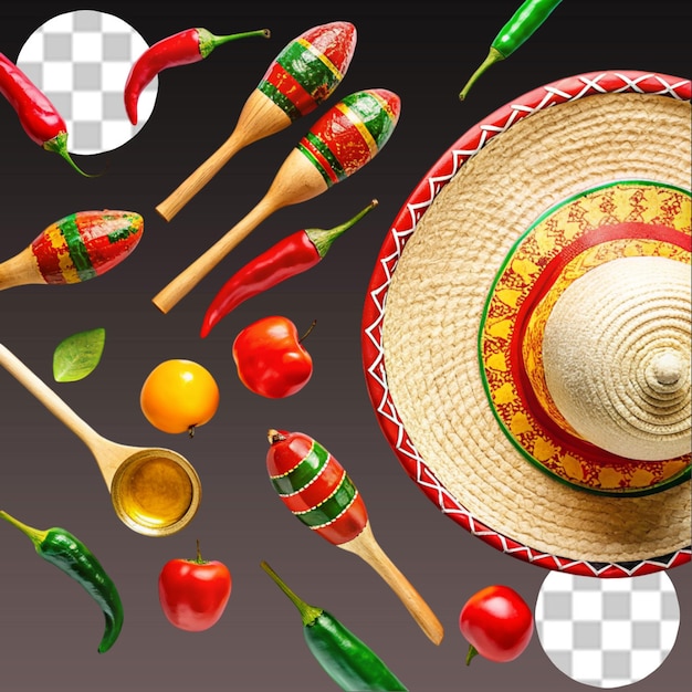 PSD sombrero mexicano y maracas en un fondo transparente