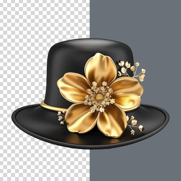 Un sombrero negro con una flor dorada aislada en un fondo transparente