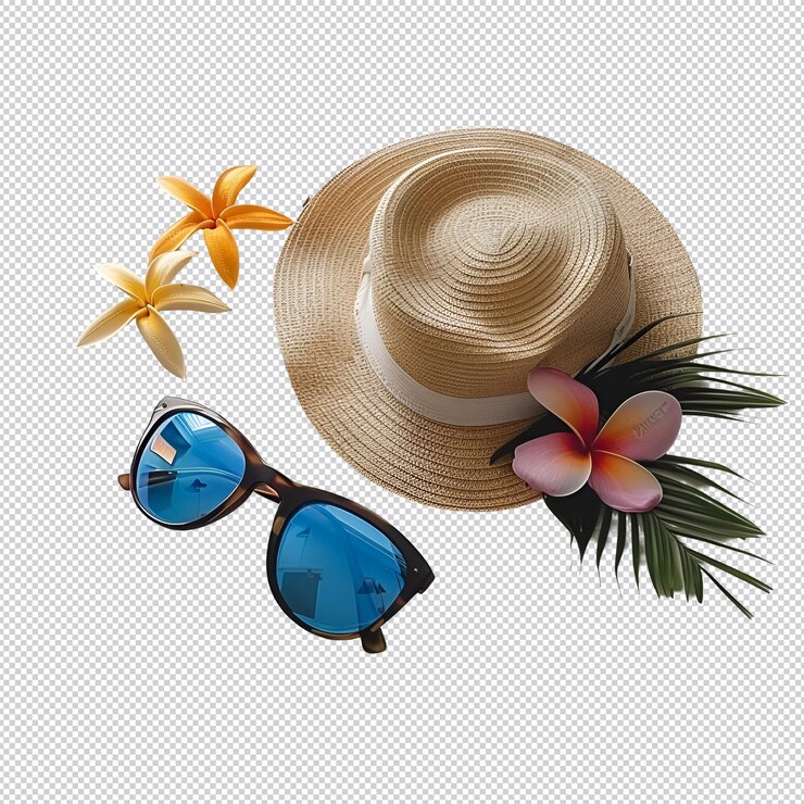PSD un sombrero de paja con anteojos de sol y gafas de sol en él