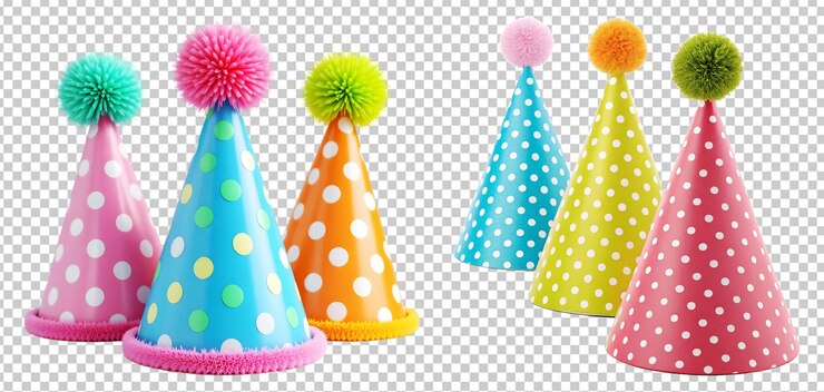 PSD sombreros de fiesta de cumpleaños polka dot con pompoms en un fondo transparente decoración de celebración divertida png