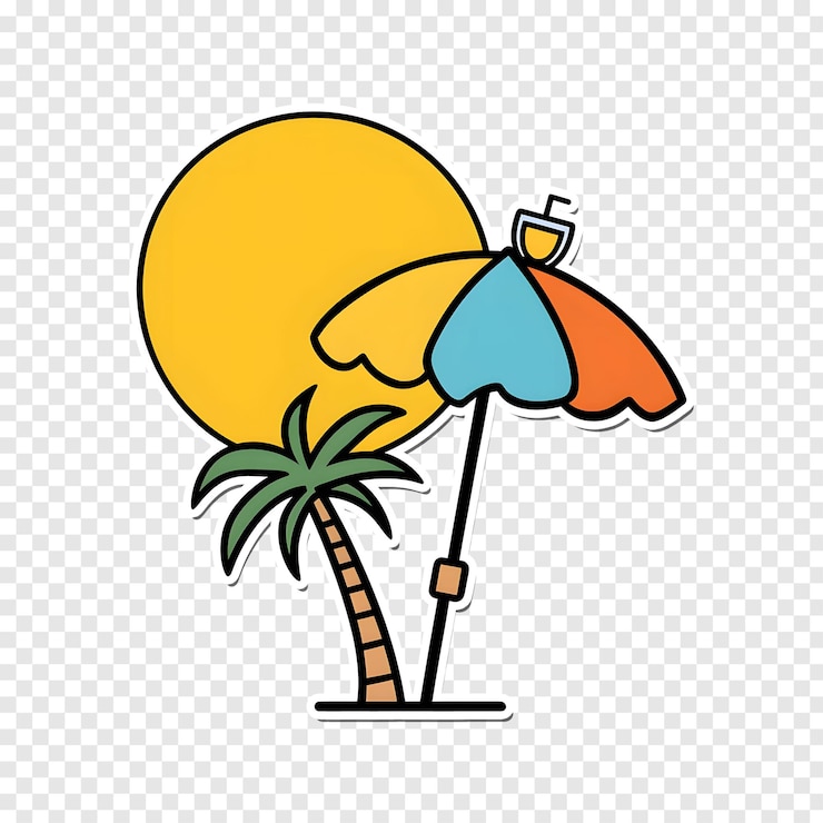 PSD sombrilla de playa y pegatina de palmera para el verano