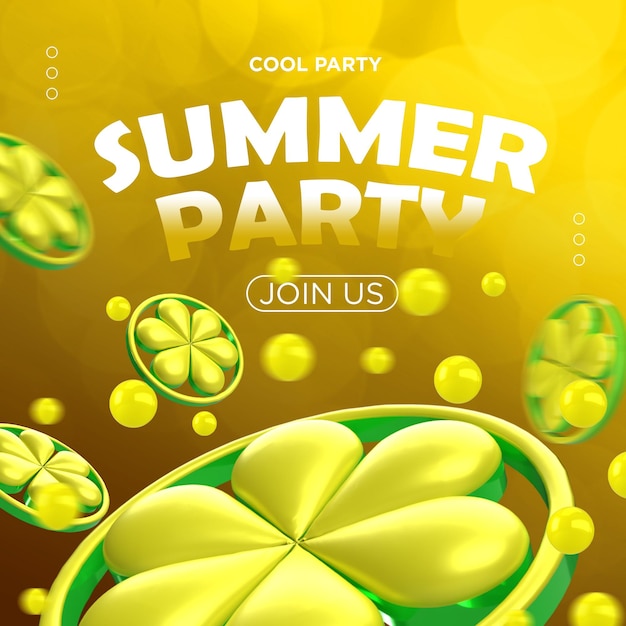 PSD sommer-cocktailparty-social-media-beitrag mit 3d-elementen