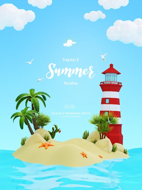Sommer-Hintergrund Vorlagenzusammensetzung mit Leuchtturm auf kleinen Insel- und Strandobjekten isoliert