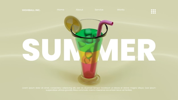 PSD sommer-landing-page-vorlage mit cocktail in highball-glas 3d-rendering-illustration