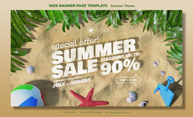 Sommer sale angebot landschaft web banner seite design-vorlage mit realistischen strand 3d-elementen