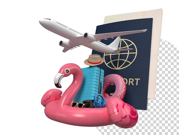 PSD sommer- und reisekonzept flug flugzeug reise tourismus flugzeug reiseplanung weltreise mit aufblasbaren flamingos und verschiedenen zubehörelementen des sommers für urlaub 3d-rendering