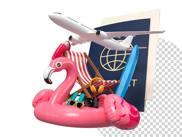Sommer- und Reisekonzept Flug Flugzeug Reise Tourismus Flugzeug Reiseplanung Weltreise mit aufblasbaren Flamingos und verschiedenen Zubehörelementen des Sommers für Urlaub 3D-Rendering