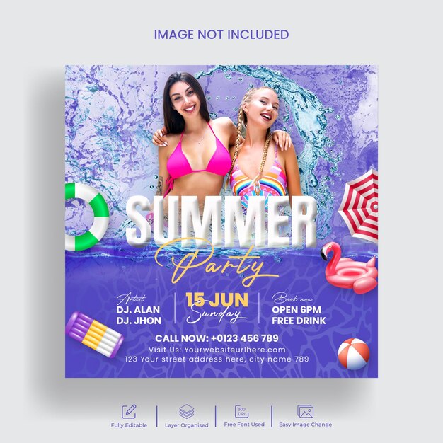 Sommerparty-Instagram-Post und Social-Media-Flyer-Vorlagendesign