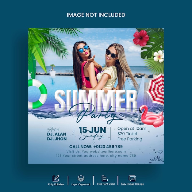 Sommerparty-Instagram-Post und Social-Media-Flyer-Vorlagendesign