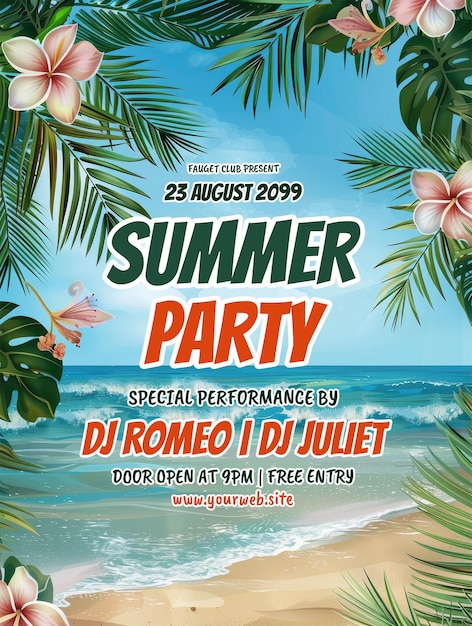 Sommerparty-postervorlage mit realistischem hintergrund für die sommersaison