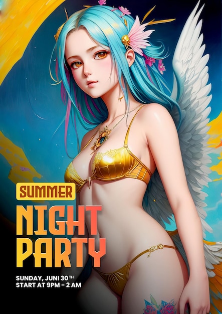 Sommerposter mit Anime-Hintergrund im sexy Bikini