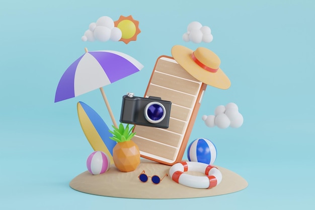 Sommerurlaub Smartphone 3D-Darstellung. Reise- und Sommerferienkonzept. Sommerstrand