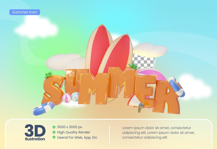 PSD sommerurlaub strandthema 3d-illustration mit sommertext und surfbrett und vielen anderen symbolen