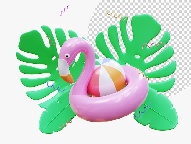 Sommerurlaub und Reisekonzept Flamingo aufblasbarer Schwimmbeckenring und Blatt mit Wasserball Kreative minimale Urlaubs- und Reisekonzeptidee 3D-Rendering