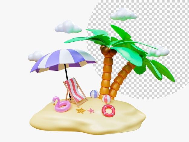 Sommerurlaub und Reisekonzept Kleine Insel mit einem Palmenpool Ring Flamingo aufblasbarer Swimmingpool Ring Seestern Strandkorb und Sonnenschirm auf dem Sand der Insel 3D-Rendering