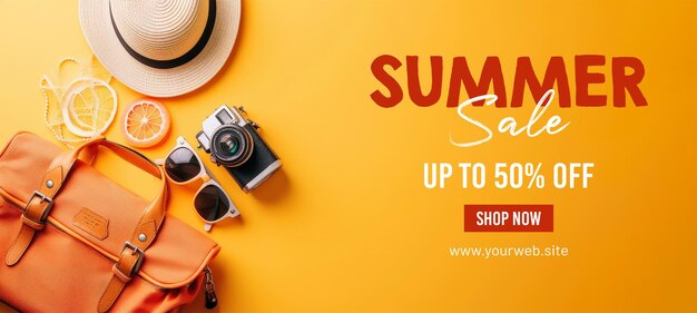 Sommerverkaufs-banner-vorlage mit orangefarbener reisetasche, sonnenbrille, hut, kamera auf pastellgelbem hintergrund