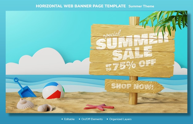 Sommerverkaufsangebot auf holzplanken-web-bannerseite bearbeitbare designvorlage mit strand 3d-elementen