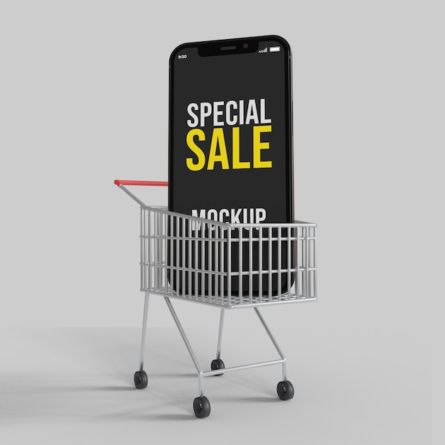 Sonderverkaufsbanner mit Smartphone-Bildschirmmodell und Einkaufsdiagramm