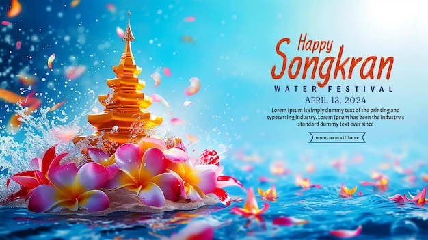 PSD songkran banner mit wasserblumen und pagode