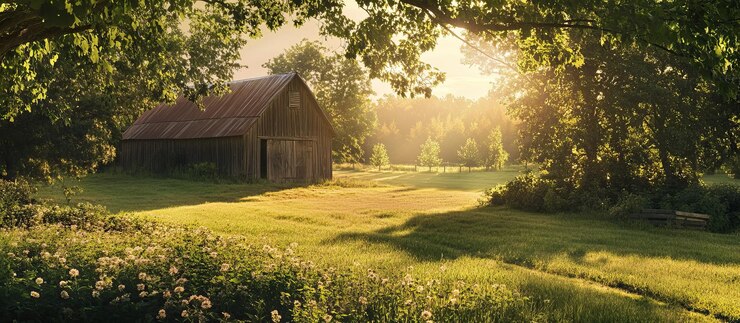 PSD sonnenaufgang über einer rustikalen scheune auf einer ruhigen wiese