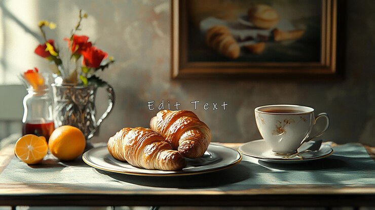 PSD sonnenbeleuchtete frühstücksszene mit croissanten, tee und zitrusfrüchten